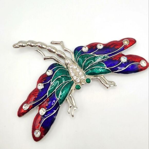 Enamel and Rhinestone Dragonfly Brooch Pin,  large - Picture 4 of 7